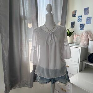 White Semi-Sheer Tie-Neck Blouse